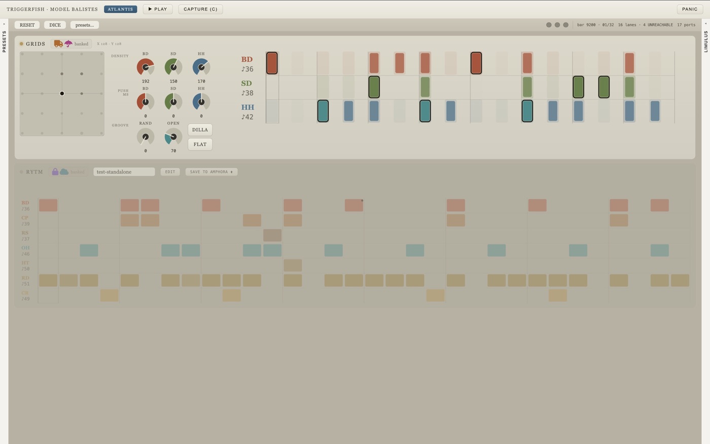 Balistes: Grids-style drum patterns and a sixteen-lane drum sequencer