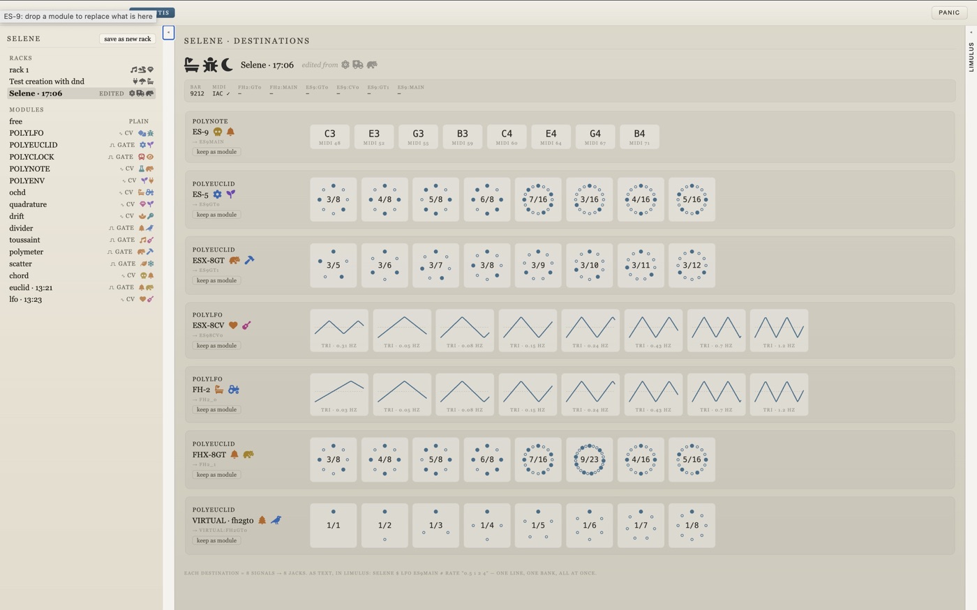 Selene: banks of eight LFOs, euclidean gates and notes, each bank on a module's jacks